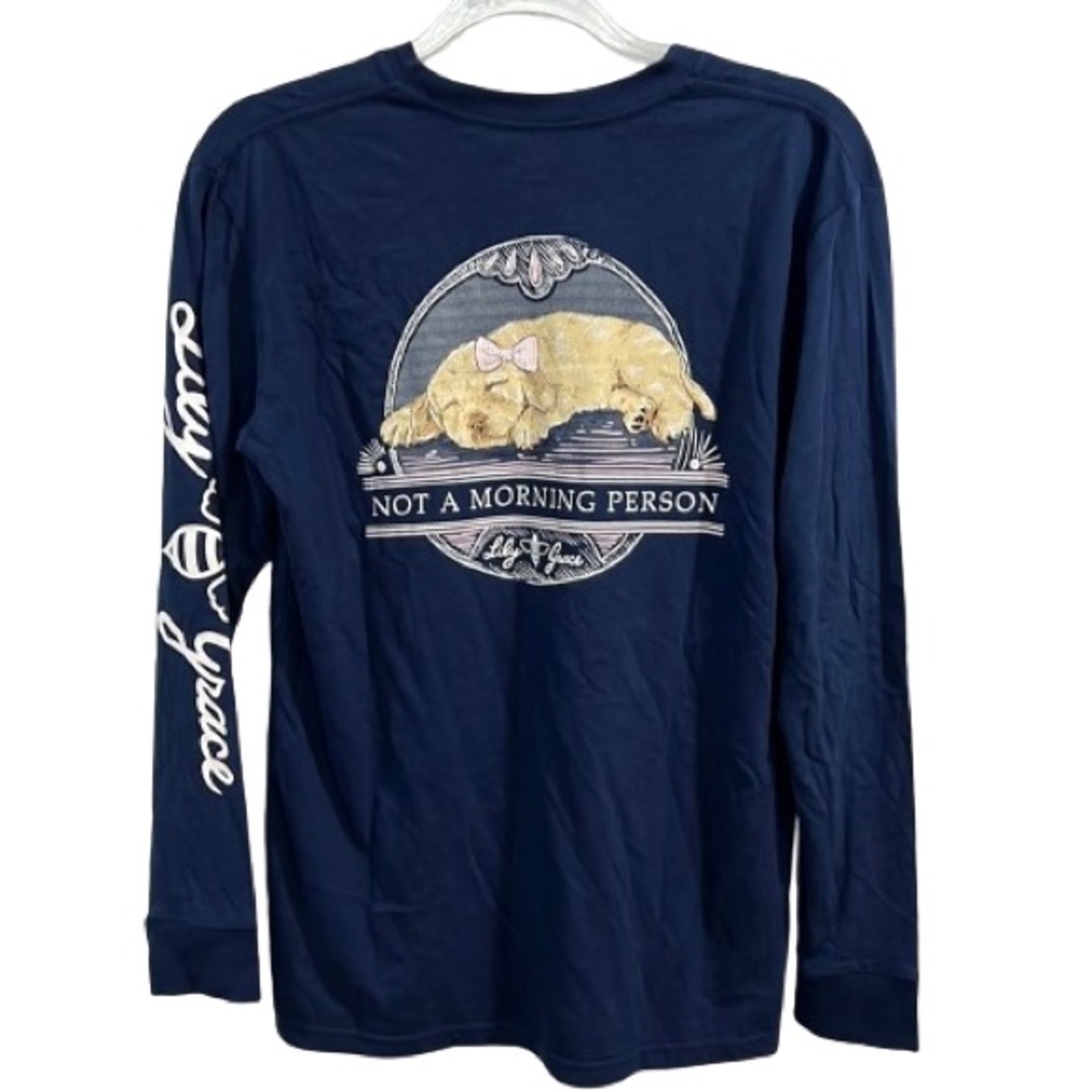 Lily Grace Navy Blue Tee Puppy & Text Graphic On Back “Not A Morning Person” S